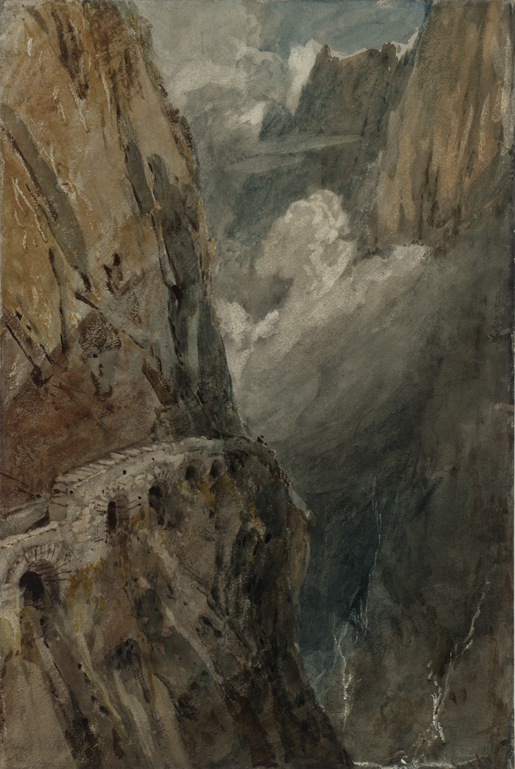 William Turner (1775-1851)  Le Pont du Diable et les gorges de Schöllenen, 1802 Mine de plomb, aquarelle et gouache sur papier  Dim. 47.1 x 31.8 cm, acceptée par la nation dans le cadre du legs Turner en 1856, © photo: Tate
